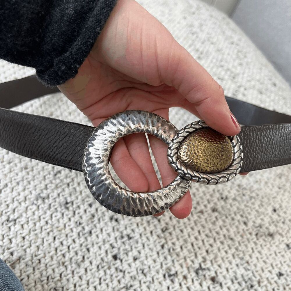 Vintage 90s Chico's Hammered Metal Buckle Thin Belt - Brown Leather, S/M